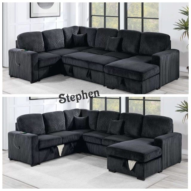 Black Corduroy Sectional Sleeper Sofa With Pull Out Bed