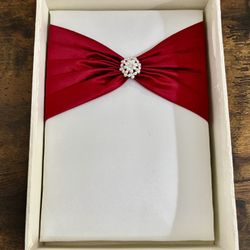 David’s Bridal 4-Piece Wedding Set - White Satin & Burgundy with Crystal Brooches