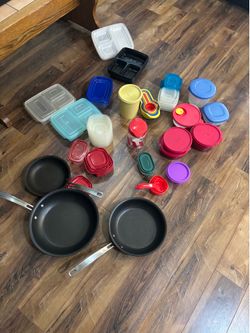 Kitchen items skillets and  storage