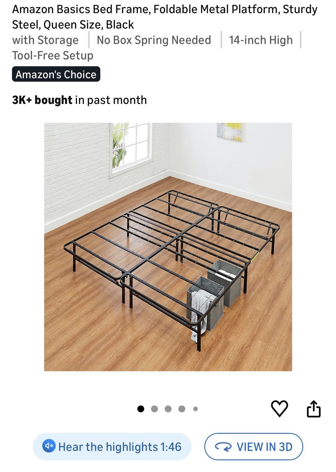 Bed Frame, Foldable Metal Platform Queen Size