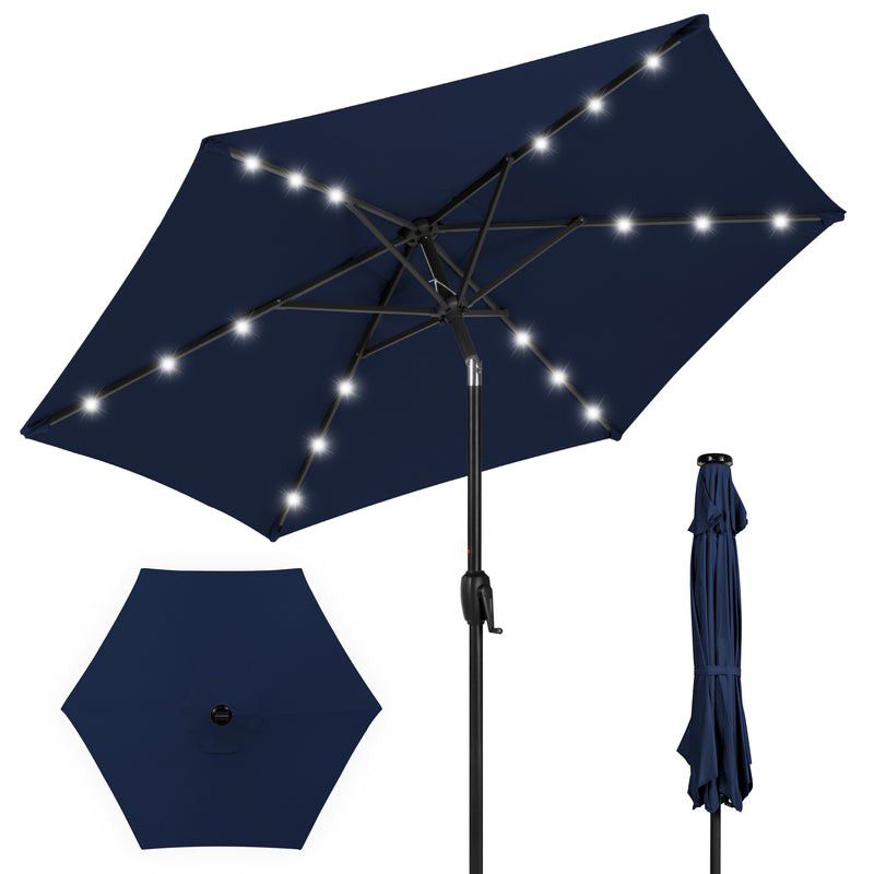Solar LED Lighted Patio Umbrella w/ Tilt Adjustment, UV-Resistance, 10ft, Navy Blue