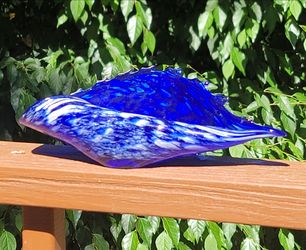 Hand-Blown Blue and White Speckled Glass Conch Shell Bowl 10" long