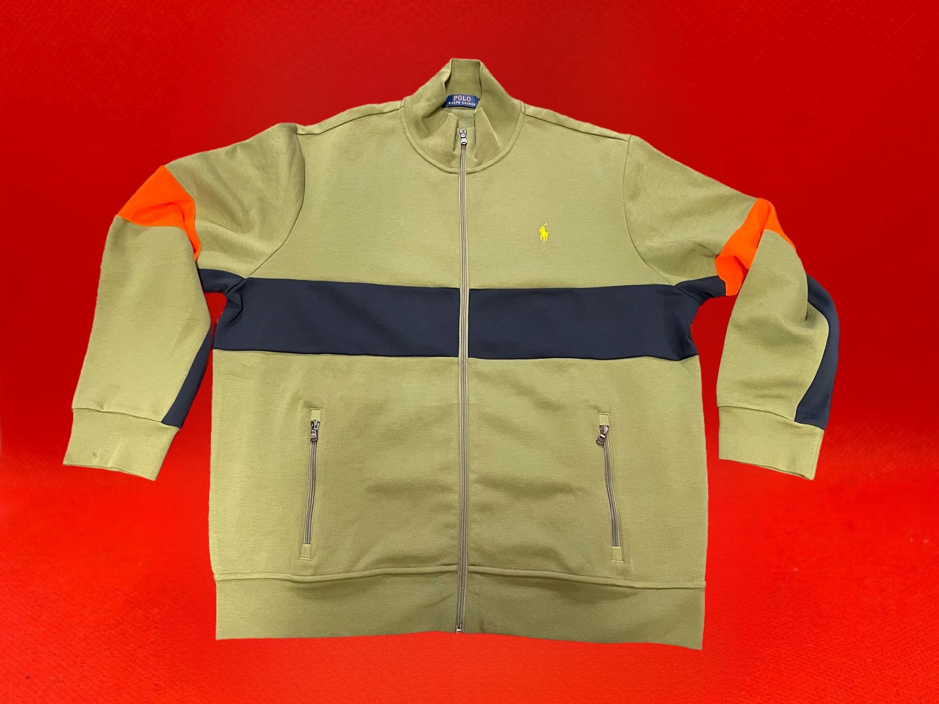 Polo Ralph Lauren Knit Zip Up Sweater Track Jacket - Green Orange Blue Mens XXL
