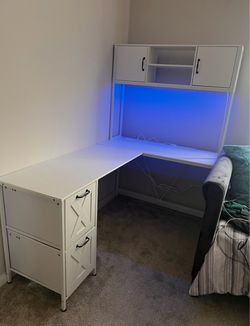 White L-Shaped Desk with Hutch & LED Lights