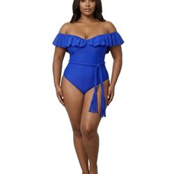 Off Shoulder Ruffle Blue One Piece Swimsuit with Braided Belt -Large (stretchy)