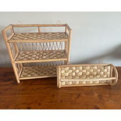 3 Tier Vintage Bamboo Rattan Wicker Wall Hanging Shelf & Towel Hanger