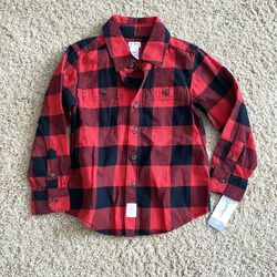 Boys Brand New Red Plaid Flannel Shirt By Carters Size 4/5. 