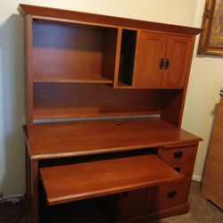 2 Piece Office Home Oak Wooden Desk w Drawers Storage Shelves
