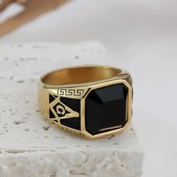  Freemasonry Men's Ring Inlaid With Black Glass, Popular 18 K Gold Plated  Stainless Steel Men's Ring, Hip-hop Punk Style 