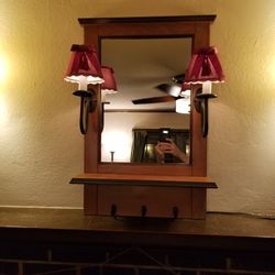 2 Light Sconce Entry shelf mirror with Hooks for keys, coats leashes wood with lamp shades rack