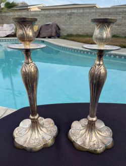 Pair of Vintage Baroque Style Silver Plated Candle Holders 
