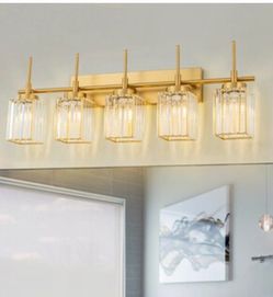 Orilliahh 34.64 in. 5-Light Modern Industrial Gold Bathroom Vanity Light with Crystal Rectangular Shades