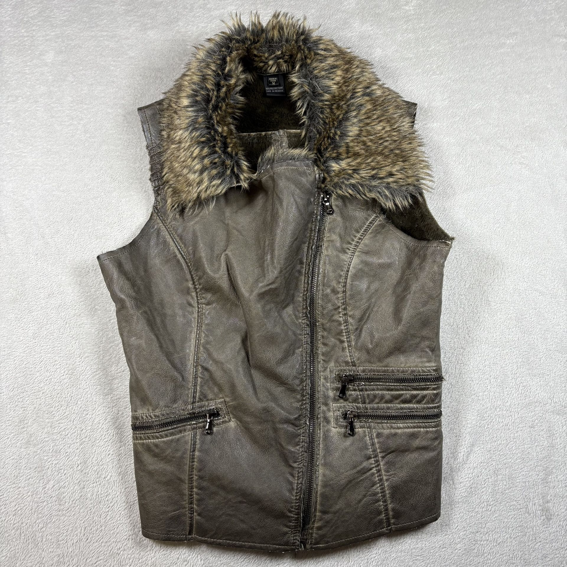 Love Stitch Vest Women’s Size Medium Brown Faux Leather Faux Fur Y2K #2534