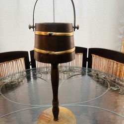 VTG  60s 70s Rustic MCM Tall Ashtray/ Plant Stand Brown Wood Firkin Bucket Or Barrel