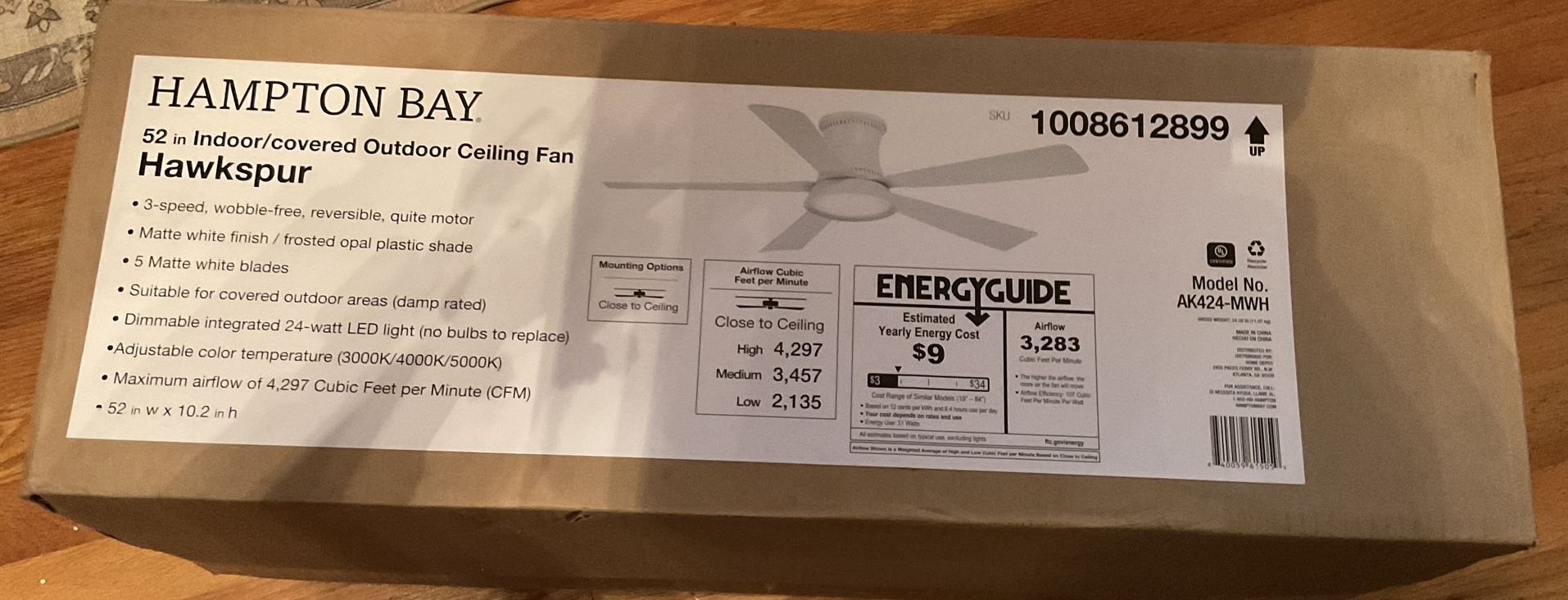  Hawkspur 52 in. Indoor/Outdoor Matte White Low Profile Ceiling Fan with Adjustable White LED - New