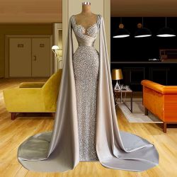 Gray Satin Beaded Mermaid Prom Party Shower Dress Evening Celebrity Pageant Robe Gown for Wedding