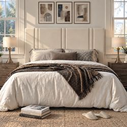 King Size Bed Cream Upholstered Bed with Vertical Channel Headboard