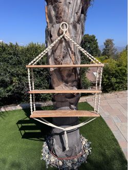 Boho Macrame Hanging Shelf (3 Tier) – Wood + Rope