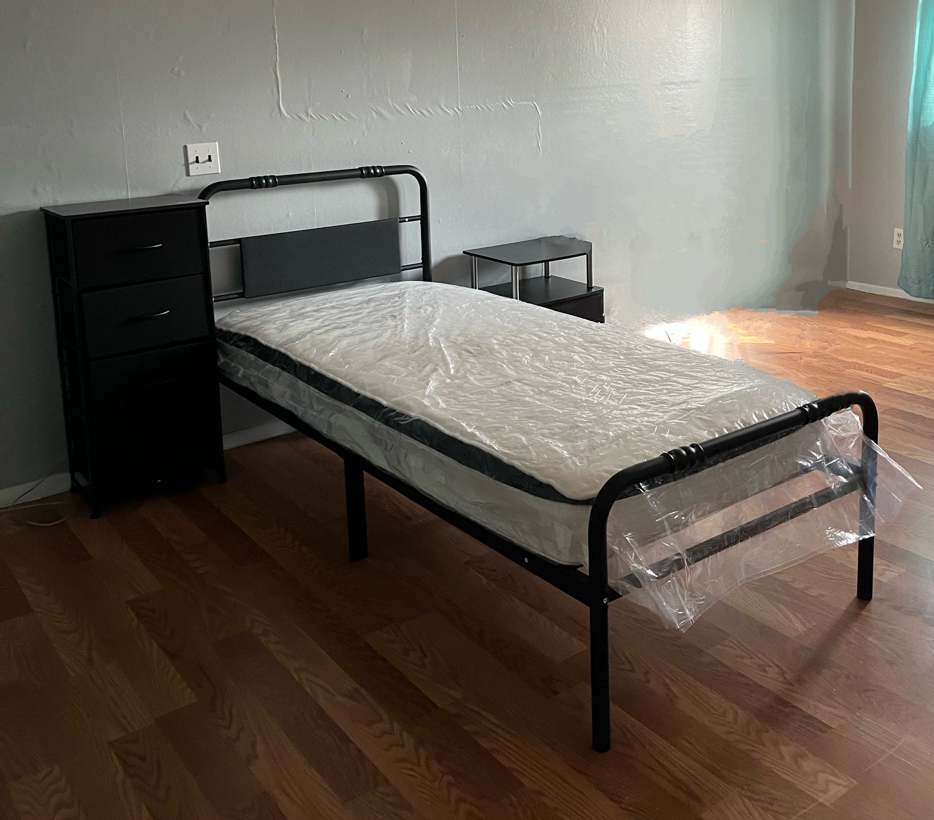 Brand New XL Twin Bed Frame, Mattress, Nightstand And Fabric Dresser- All New!!