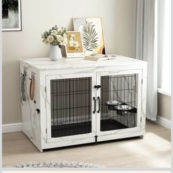 Wooden Dog Crate Furniture with 360°Rotatable Removable Dog Bowls, Dog Crate End Table with Tray, Double Doors Dog Kennels for Dogs(XL:43.2" L*28.6" W