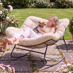 Outdoor Papasan Rocking Chair, Oversized Rocking Chair with Thickened Cushion, 450 lbs Heavy Duty Comfy Patio Egg Chair, Oversized Outdoor Rocker Chai
