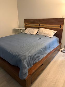 King Size Platform Bed with Storage and Live Edge Headboard - Includes Firm Mattress
