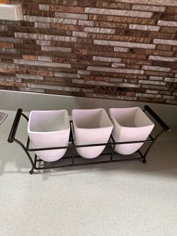 WHITE CERAMIC UTENSIL HOLDER , FLATWARE CADDY WITH METAL STAND 13x4x5