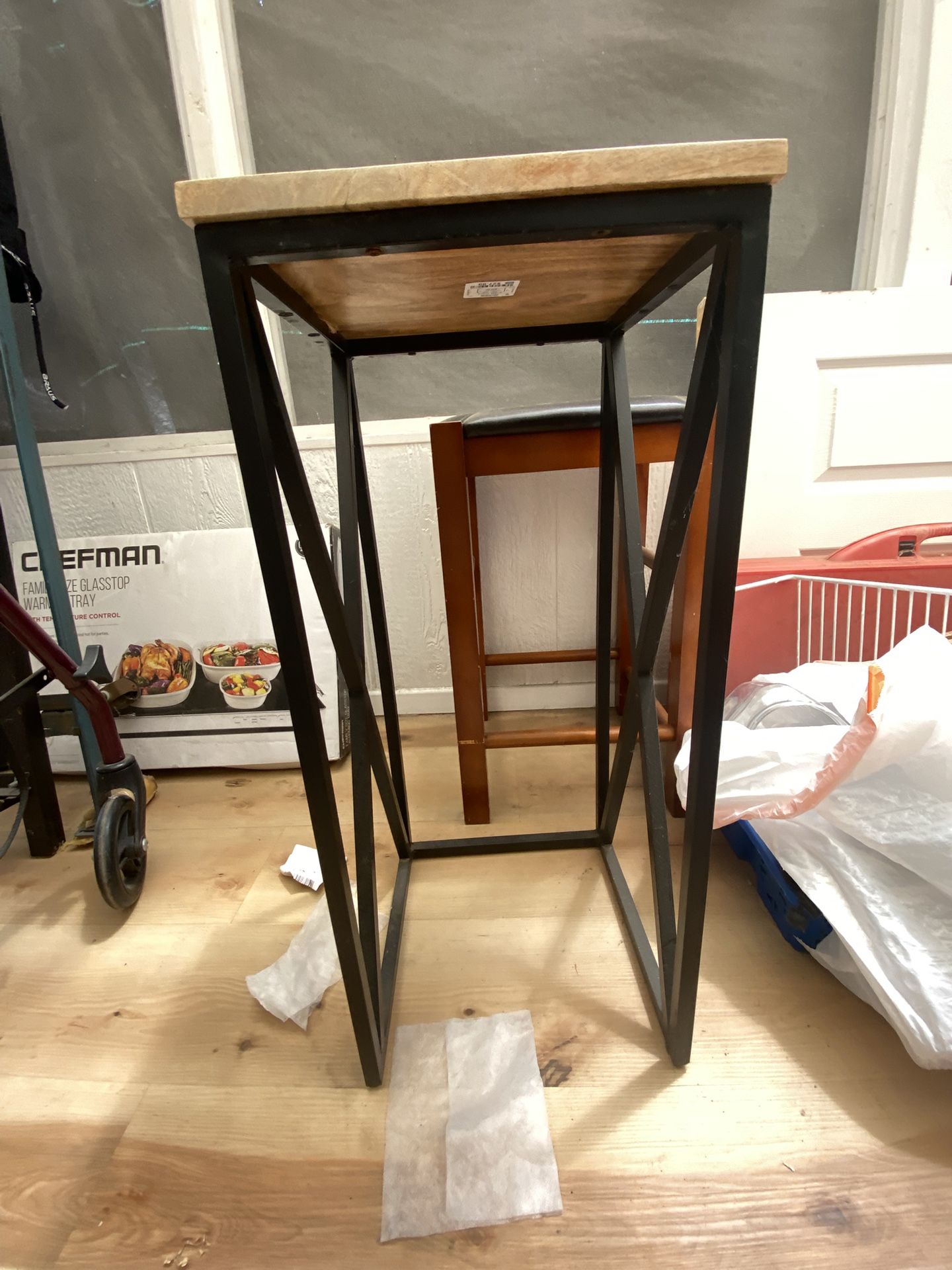 Wooden & Steel Sq 11”x27” —$8 ——-wooden Black Leather Square 14” T24———-$12 Ea black