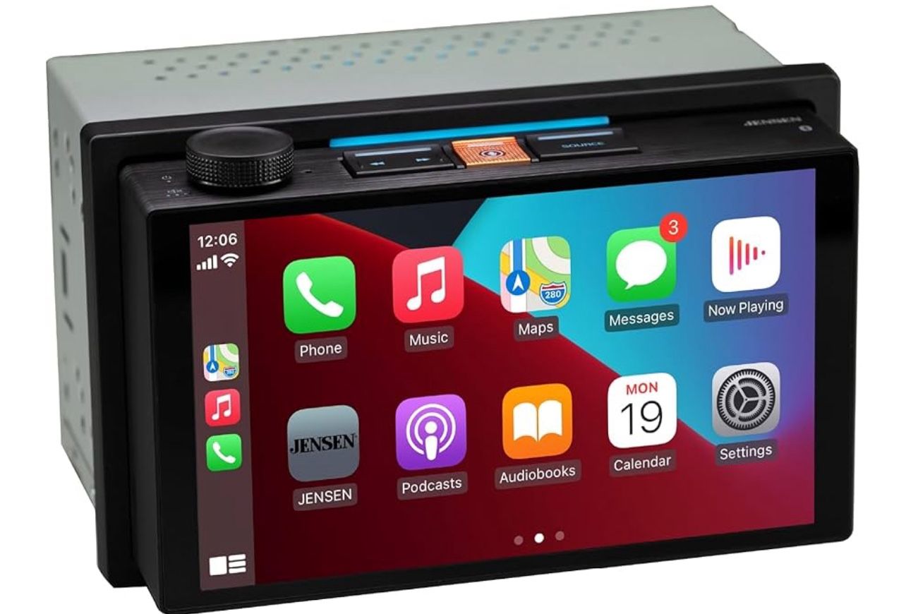 JENSEN J5UP7 7-inch Top Mount Control Touchscreen Receiver with Certified Wireless Apple Carplay Android Auto | Double DIN Car Stereo with Bluetooth |