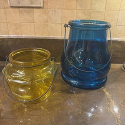 Mixed lot of 2 Glass teardrop/hexagon shaped Lantern-blue/yellow