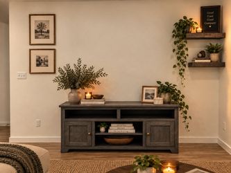 BRAND NEW Living Spaces Rustic Gray Wood Tv Stand Console Farmhouse Minimalist Boho
