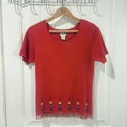 Clio Red Embroidered Knit Sweater Women’s M Short Sleeve Top Beaded Silk Cotton
