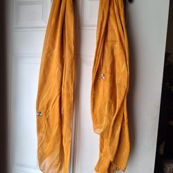 yellow chiffon dupatta with gold-line design and small floral embroidery. Women's. 