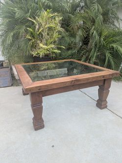 Rustic Glass-Top Square Coffee Table