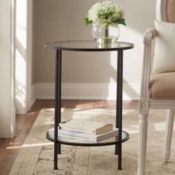 Round Antique Bronze Metal and Glass Accent Table (18 in. W x 24 in. H)