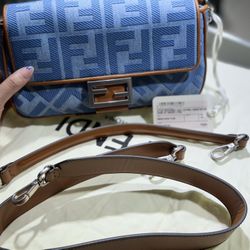 Fendi Baguette Light blue denim bag with FF embroidery