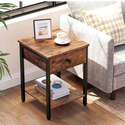 End Table, Industrial Side Table with Drawer and Storage Shelf, Wood Accent Table with Metal Frame, Easy Assembly, Rustic Brown and Black L16xW16xH24