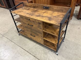 Rustic Finished Rolling Shelving with File Drawers and Power Outlet