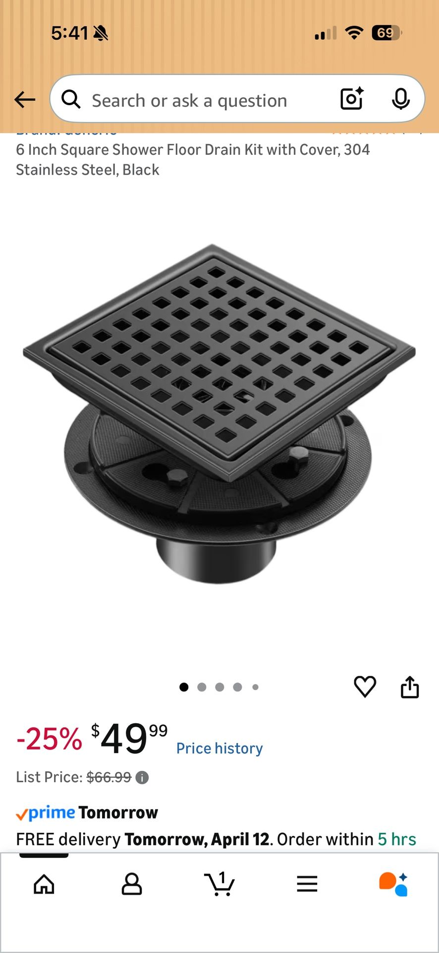 6 Inch Square Shower Floor Drain Kit with Cover, 304 Stainless Steel, Black