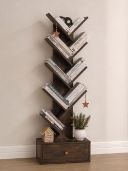 8-Tier Tree Bookshelf w/ Drawer  Rustic Brown