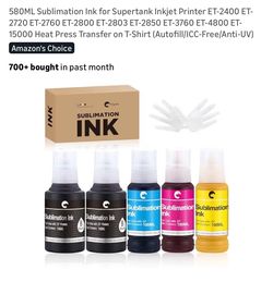 580ML Sublimation Ink for Supertank Inkjet Printer ET-2400 ET-2720 ET-2760 ET-2800 ET-2803 ET-2850 ET-3760 ET-4800 ET-15000 Heat Press Transfer on T-S