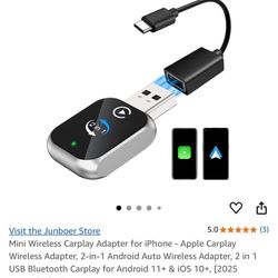 Mini Wireless Carplay Adapter for iPhone - Apple Carplay Wireless Adapter, 2-in-1 Android Auto