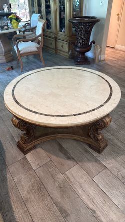Large 48” Round Mediterranean Coffee Table – Faux Marble Resin Top – Heavy Architectural Base