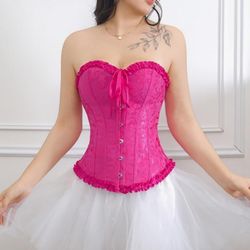 2X Rose Red Pink Women's Lace Up Boned Overbust Corset Bustier Lingerie Bodyshaper Top