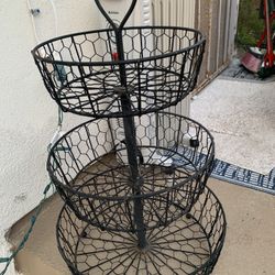 Large (3) Tier Fruit Basket With Handle And Made Of Wrought Iron. Retails $119+ 