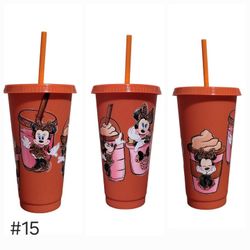 Minnie Mouse Plastic Cup Tumbler 24 oz UV DTF Design With Straw Burnt Orange