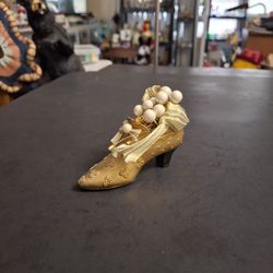 Ornate Victorian Miniature High Heel Shoe W/Gold & White Ribbon & Pearl Embellishments, Vintage Late 20th Century 3.75"L X 2.5"H