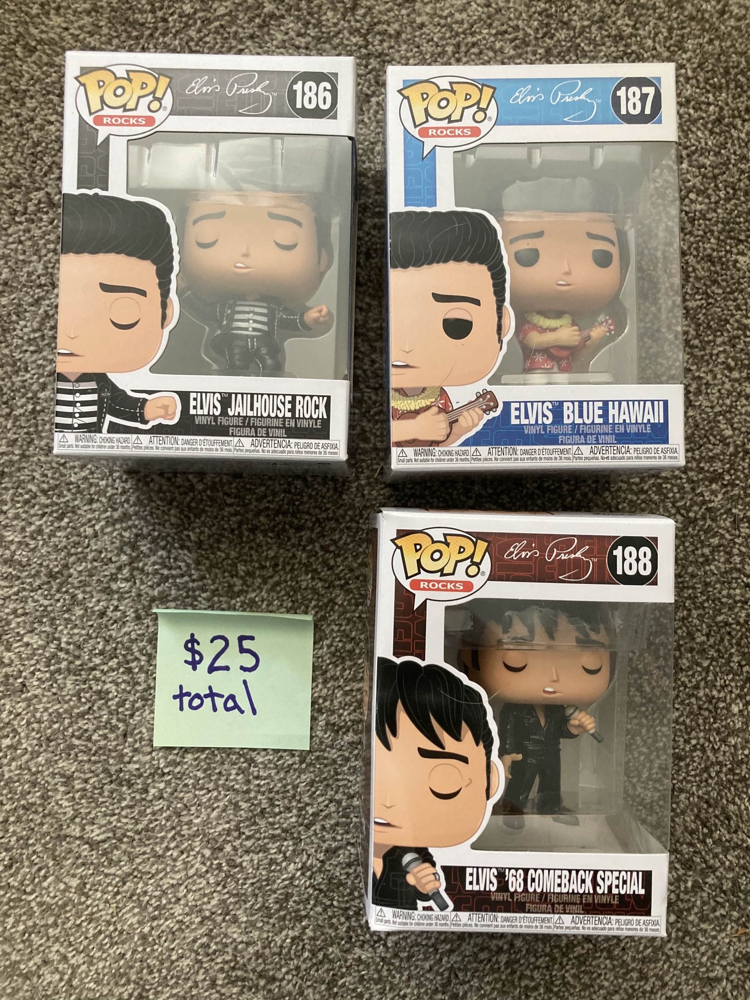 Funko Pops - Elvis - Jailhouse Rock, Blue Hawaii, ‘68 Comeback Special (186, 187, 188)