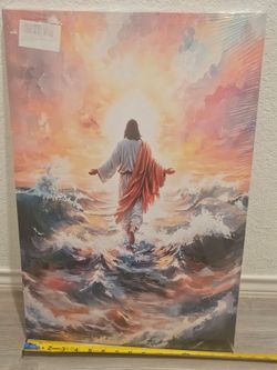 Jesus Walking on Water Canvas Wall Art Jesus Back Waters Reflection Sunset Glow Pink Gold Tones Wall Decor Pictures Christian Bible Stories Poster Pri