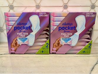 New Always Pocket Flexfoam pads in size 2. These are heavy flow unscented pads with a pocket size wrapper.  10 pads in each factory-sealed box.